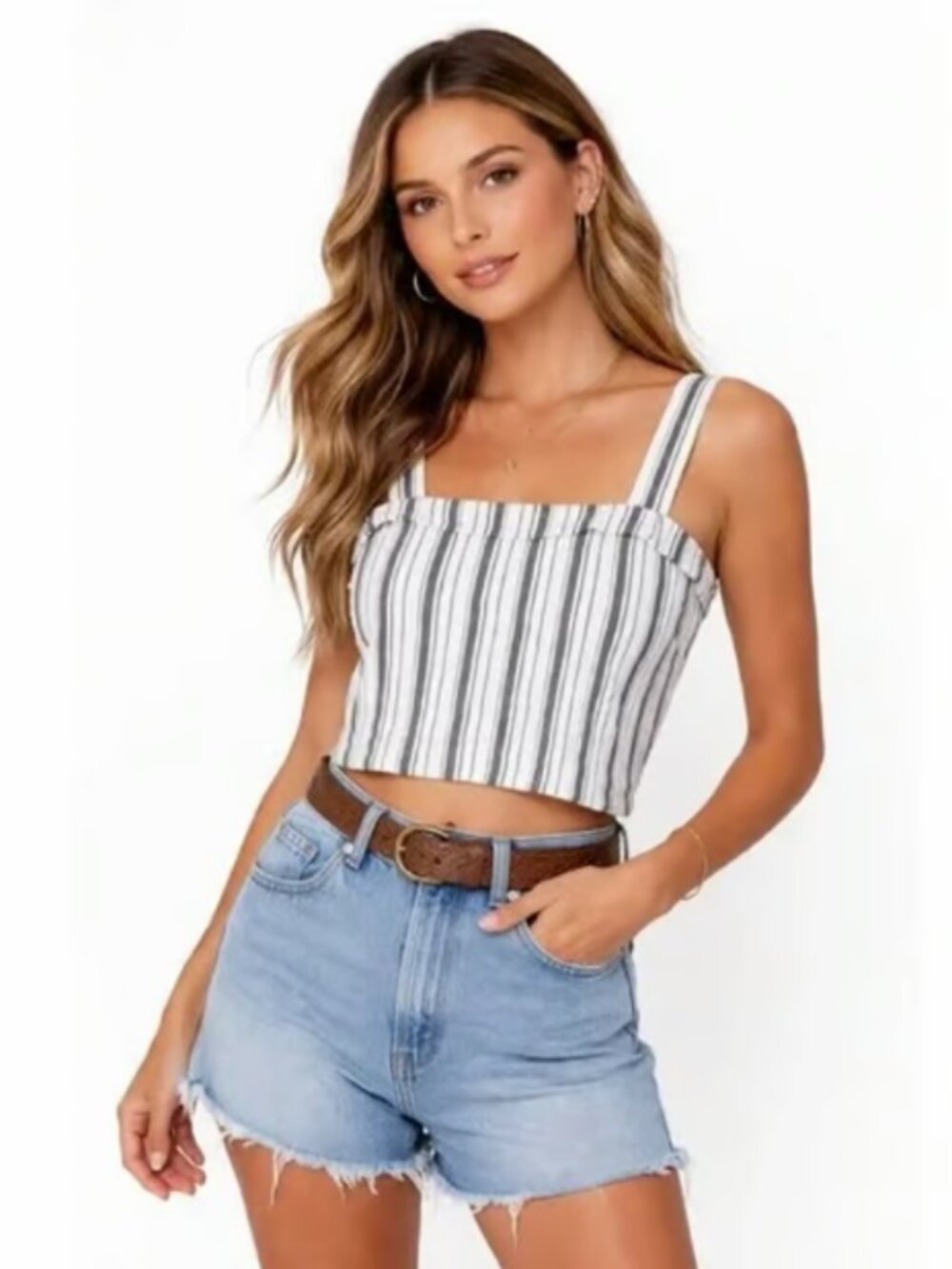 AE Striped Cropped Tank Top Square Neck Ruffle Boho Summer White Black Sz L